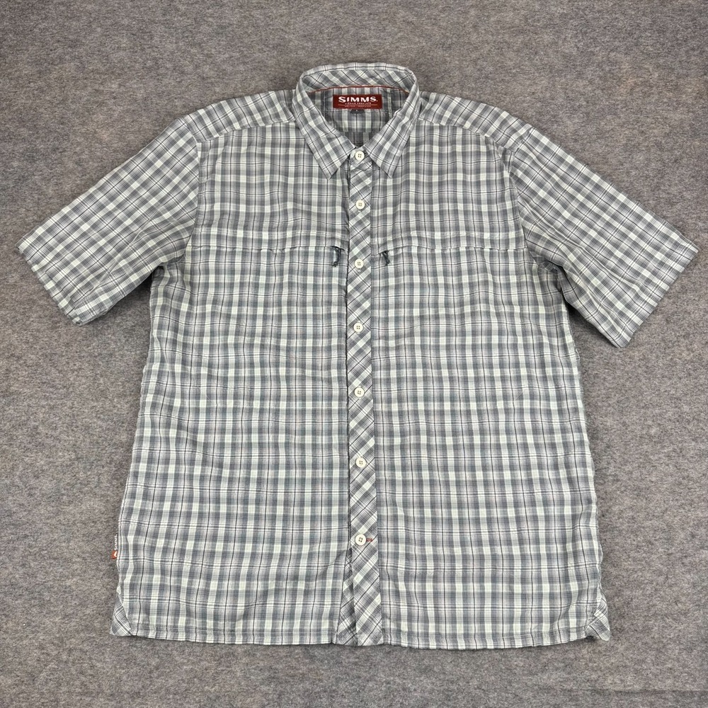 Simms Fishing Button Up Shirt Plaid Pockets Polyester Nylon Gray Mens Large L